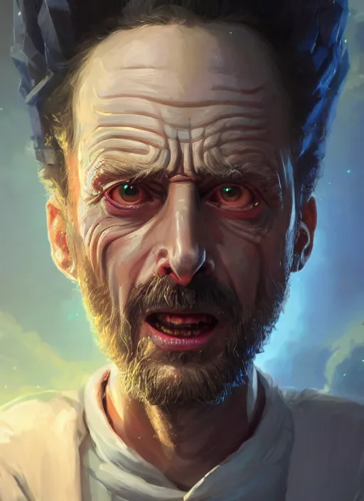 Image similar to fantasy portrait of rick from rick & morty, intricate abstract. intricate artwork, by greg rutkowski, wlop, beeple, dan mumford. concept art, octane render, trending on artstation, greg rutkowski very coherent symmetrical artwork. cinematic, key art, hyper realism, high detail, octane render, 8 k, iridescent accents