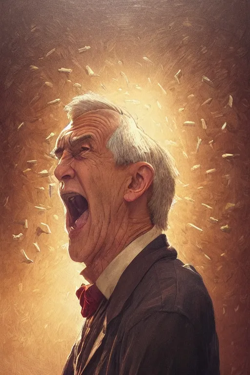 Image similar to an old man yelling at a pile of hay, realistic painting, symmetrical, highly detailed, digital painting, artstation, concept art, smooth, sharp focus, illustration, cinematic lighting, art by artgerm and greg rutkowski and alphonse mucha