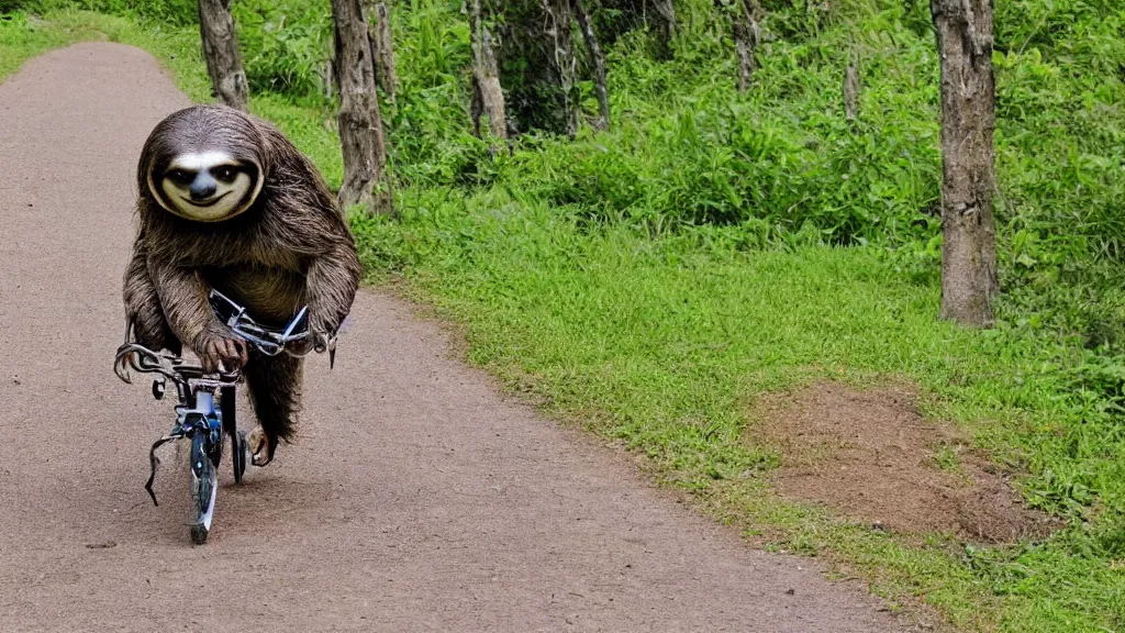 Prompt: a sloth riding his bicycle down the hill