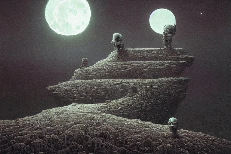 Image similar to a surreal and awe - inspiring science fiction landscape, skull - shaped moon, intricate, elegant, highly detailed matte painting by beksinski and simon stalenhag