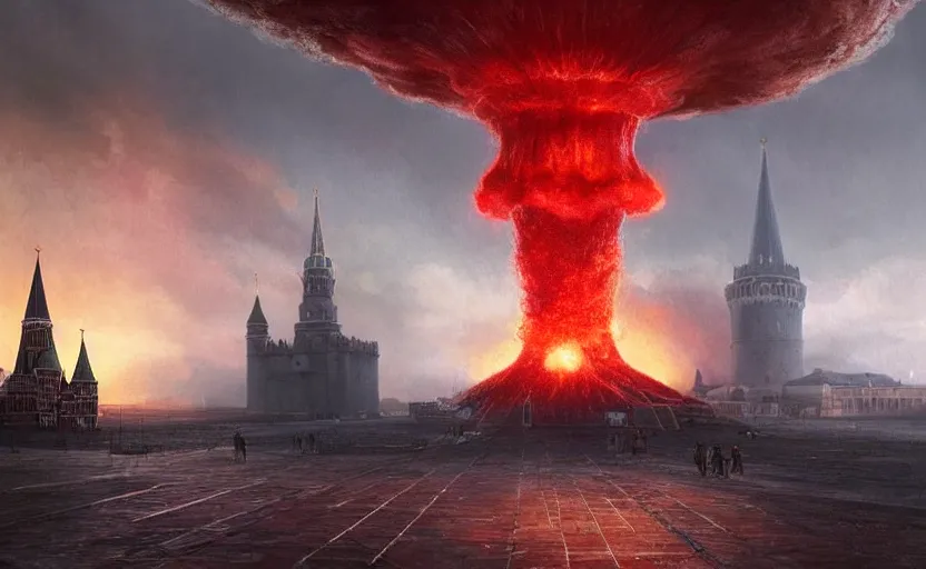 Image similar to nuclear explosion with realistic nuclear mushroom in Red Square Kremlin, cinematic shot, extremely high detail, photo realistic, cinematic lighting, post processed, artstation, matte painting, digital painting, art by Greg Rutkowski