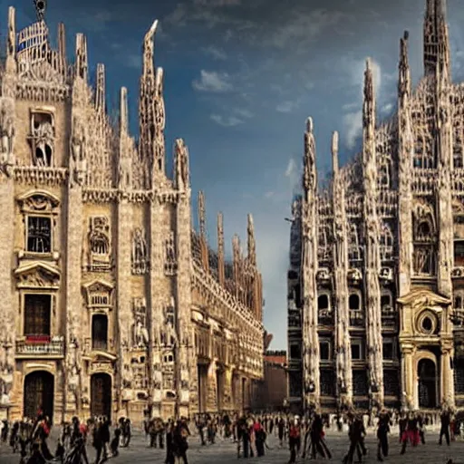 Image similar to the city of Milano fused with the golden city of Anor Londo