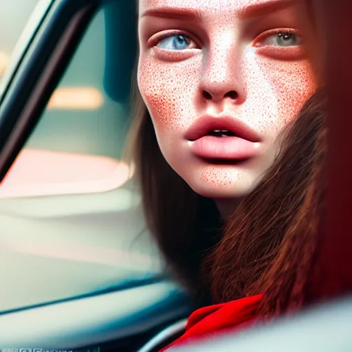 Image similar to beautiful hyperrealism hyperdetailed selfie of a cute young woman in her car, flushed face, red blush, light freckles, puffy lips, soft features, 8 k, sharp focus, art by irakli nadar