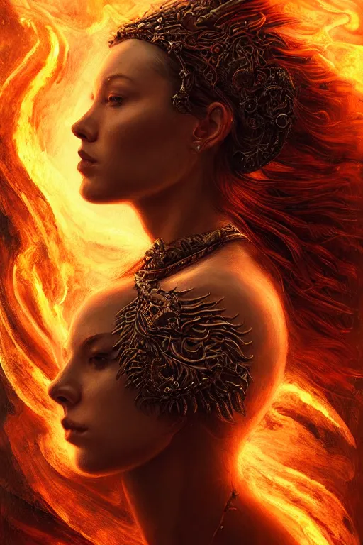 Prompt: Majestic and regal portrait of a beautiful young female fire goddess!!, intricate, epic, elegant, menacing, fantasy, highly detailed, digital painting, hard focus, beautiful volumetric lighting, epic light, ultra detailed, souls, smoke, by Leesha Hannigan, Ross Tran, Thierry Doizon, Kai Carpenter, Ignacio Fernández Ríos