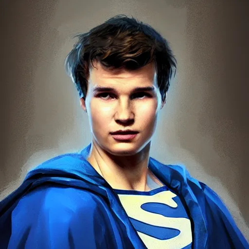 Image similar to portrait of a superhero by greg rutkowski, he looks like ansel elgort, he is wearing a blue and white kevlar gear with a cape, highly detailed portrait, digital painting, artstation, concept art, smooth, sharp foccus ilustration, artstation hq