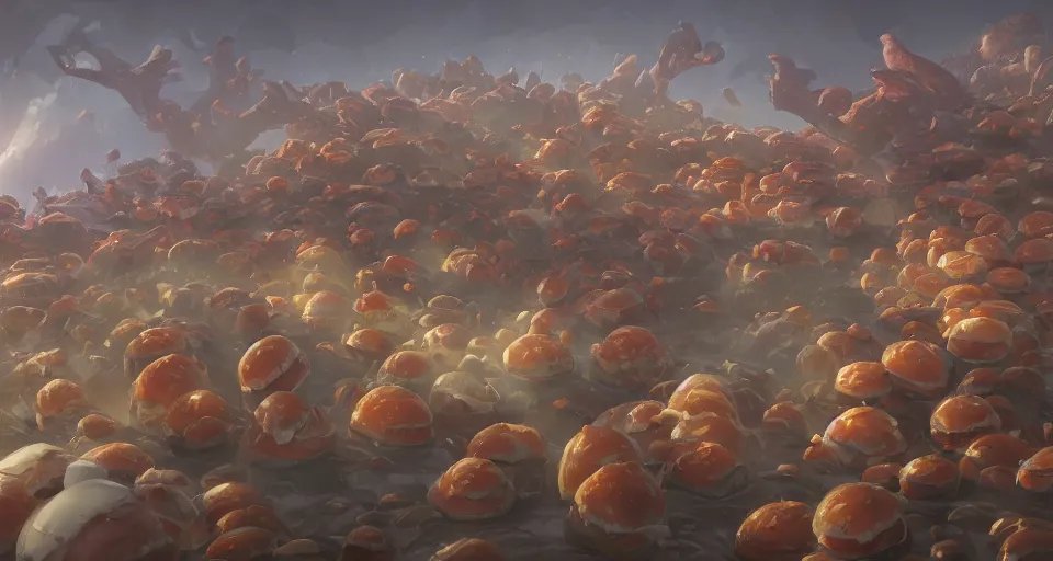 Prompt: Army of hamburgers, concept art by Noah Bradley, Darek Zabrocki, Tyler edlin, Jordan Grimmer, Neil Blevins, James Paick, Natasha Tan, highly detailed, ultra detailed, ultra realistic, trending on artstation