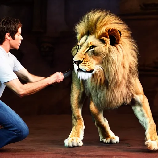 Image similar to dennis reynolds working as a lion tamer, action shot, 8 k