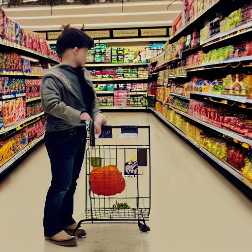 Prompt: a knight standing in a grocery store aisle, 35mm film grain, bokeh, octane render, hyperdetailed, realistic, studio lighting, film still