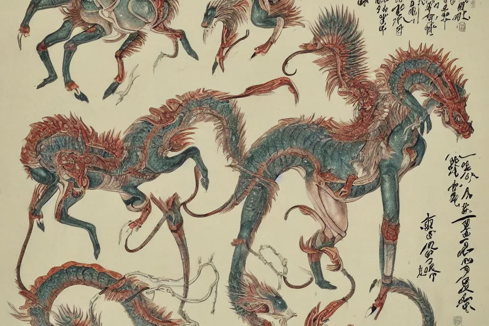 Image similar to Vintage, detailed, colored sketch of mythical creature anatomy, full body, with full descriptions, Chinese painting.