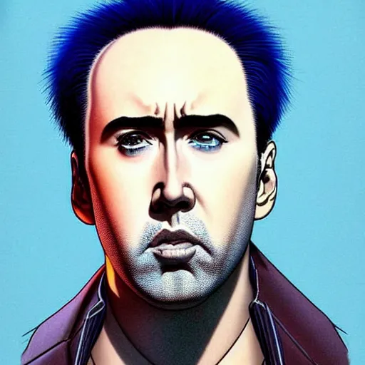 Image similar to prompt : blue nicolas cage illustration portrait soft light painted by james jean and katsuhiro otomo and erik jones, inspired by evangeleon anime, smooth face feature, intricate oil painting, high detail illustration, sharp high detail, manga and anime 1 9 9 9