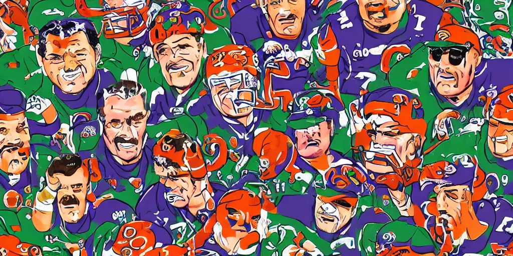 Image similar to Football players Butkus, Ditka, Walter Payton, as chefs inside Cthulhu, in the style of Lisa Frank