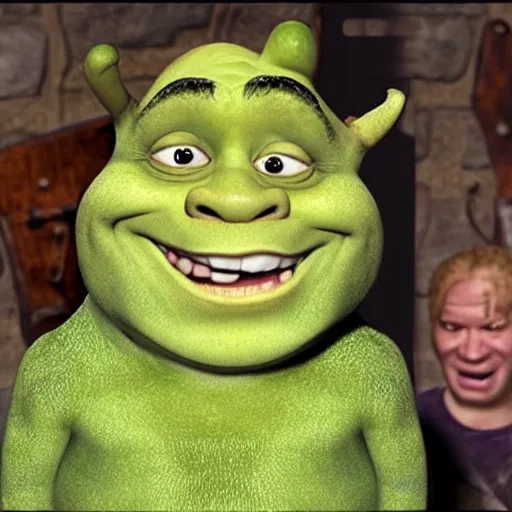 Prompt: shrek in a pirate hat with an eye patch grinning after just rick rolling an entire group
