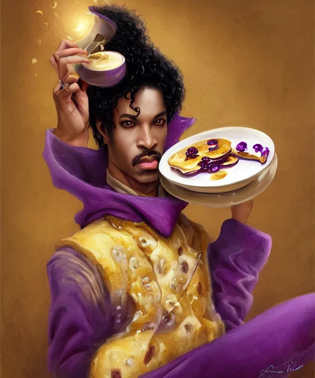 Prompt: the artist formally known as prince, cinematic, from purple rain, holding a plate of pancakes and grapes, elegant, highly detailed, digital painting, artstation, smooth, hard focus, illustration, art by jessica rossier and and brian froud