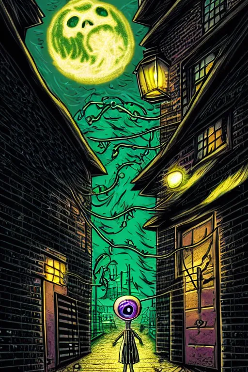 Prompt: a photorealistic vintage goosebumps cover art style illustration of a transparent jelly monster coming out of a garbage can in a dark alley way at night with moonlight casting shadows october autumn.