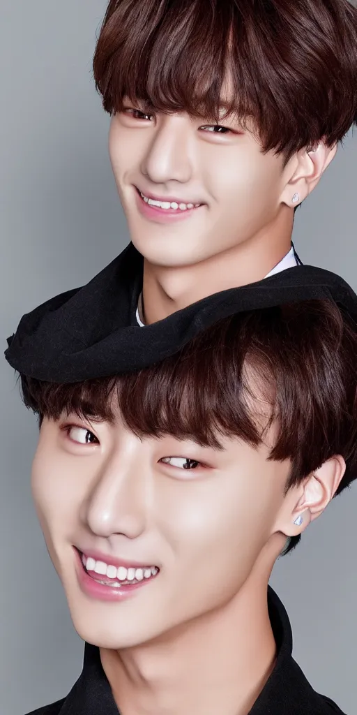 Image similar to jungkook of bts modeling, portrait, photo realistic, grin