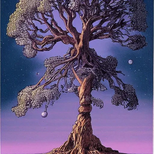 Image similar to a large tree rooted from a crystal planet, by moebius