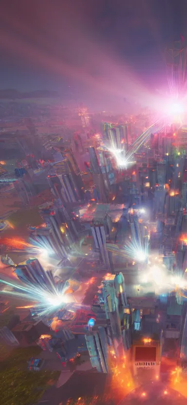 Image similar to unreal engine 5 render of a happy city on a sunny day with lasers coming out of the clouds, digital art ”