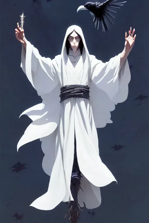 Image similar to raven headed warlock doing magic spells wind, white robes, finely detailed perfect face, exquisite details, mid view, design on a white background, by studio muti, greg rutkowski makoto shinkai takashi takeuchi studio ghibli