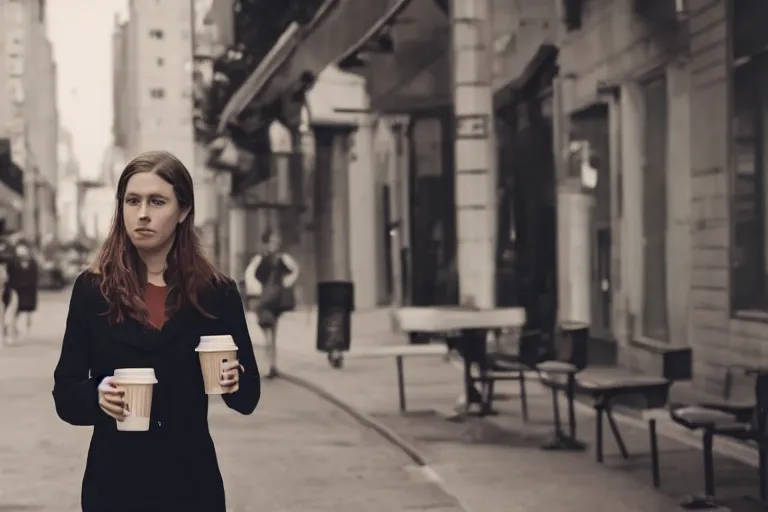 Prompt: Flim still of a woman drinking coffee, walking to work, long shot, wide shot, full shot