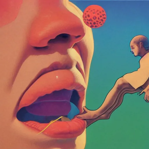 Image similar to a scifi closeup portrait of a young british man licking a blotter paper of LSD acid on his tongue and dreaming psychedelic hallucinations in cosmos, by kawase hasui, moebius, Edward Hopper and James Gilleard, Zdzislaw Beksinski, Steven Outram colorful flat surreal design, hd, 8k, artstation