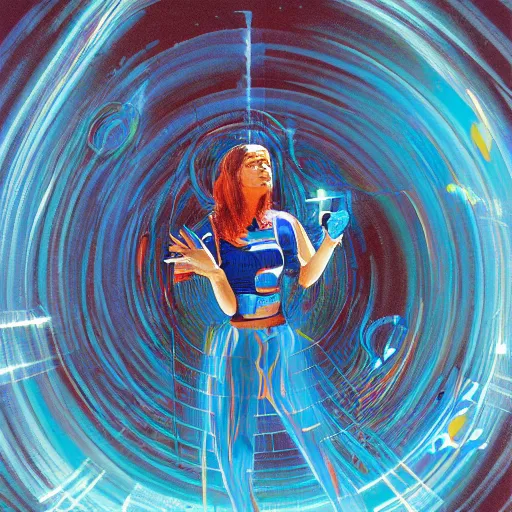 Image similar to A performance art. A rip in spacetime. Did this device in her hand open a portal to another dimension or reality?! warm blue by Robert Williams unified, depressing