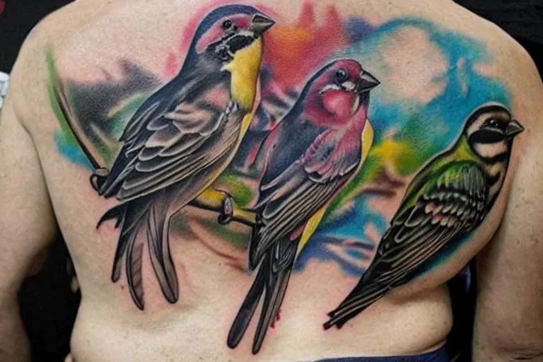 Image similar to three sparrows tattooed on man back, grunge, trash polkadot, fast moving, high detailed, high contrast, cold colors, best work, first in show