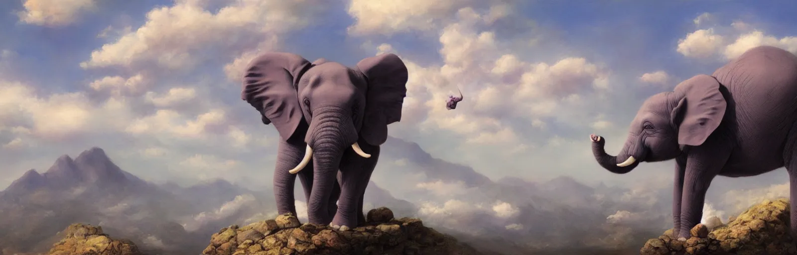 Image similar to A baby purple elephant flying in the clouds, mountains in the background, illustration, detailed, smooth, soft, warm, by Adolf Lachman, Shaun Tan, Surrealism