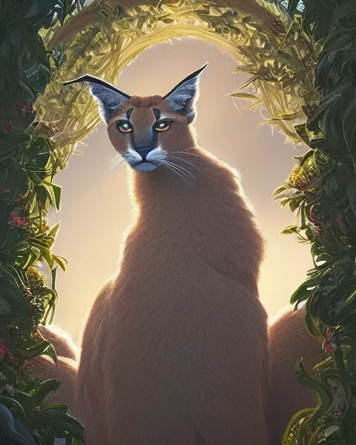 Prompt: a laurel wreath on a head of fluffy caracal, photography of kurzgesagt, deep focus, d & d, intricate, elegant, highly detailed, digital painting, artstation, concept art, matte, sharp focus, illustration, hearthstone, art by artgerm and greg rutkowski and alphonse mucha