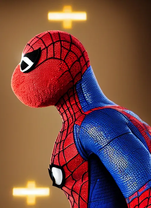 Image similar to studio portrait still of muppet!!!!! spiderman in avengers endgame!!!!!! as a muppet muppet as a muppet, 8 k, studio lighting, key light,