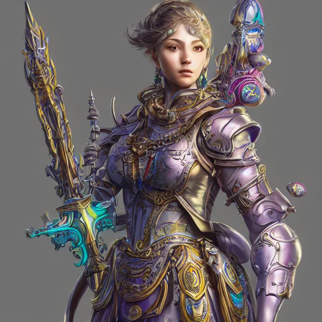 Image similar to studio portrait of lawful good colorful female holy mech paladin as absurdly beautiful, elegant, young sensual pretty woman, ultrafine hyperrealistic detailed face illustration by kim jung gi, irakli nadar, intricate linework, sharp focus, bright colors, matte, octopath traveler, final fantasy, unreal engine highly rendered, global illumination, radiant light, intricate environment