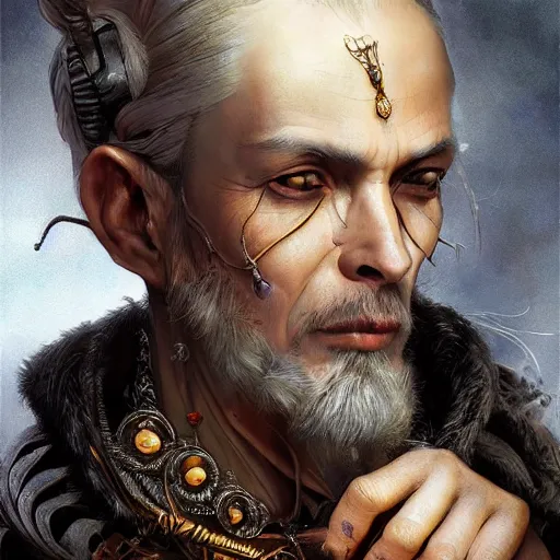 Image similar to portrait, headshot, insanely nice hair style, digital painting, of a old 17th century, old cyborg merchant, amber jewels, baroque, ornate clothing, scifi, realistic, hyperdetailed, chiaroscuro, concept art, art by Franz Hals and Jon Foster and Ayami Kojima and Amano and Karol Bak,