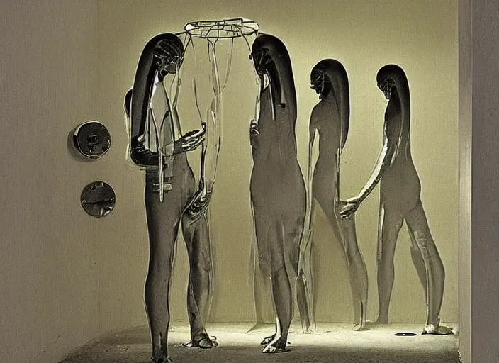 Image similar to aliens entering into a pissoir. marcel duchamp style
