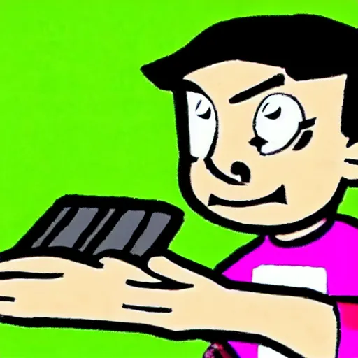 Image similar to Baldi from Baldi's Basics shopping for video games in London in the style of a 90's era cartoon.