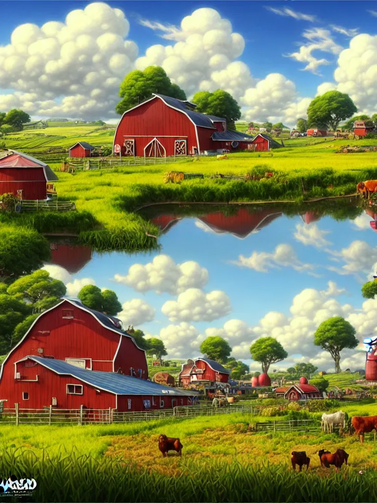 Image similar to wide view of a farm ,nice clouds, godray, fantasy, intricate, richly detailed colored 3D illustration of a beautiful ornated happy farm with background with completely rendered reflections, art by Range Murata and Artgerm highly detailed, digital painting, trending on artstation, sharp focus, D&D, illustration, style of Stanley Artgerm, perfect smile vogue, awards, model,