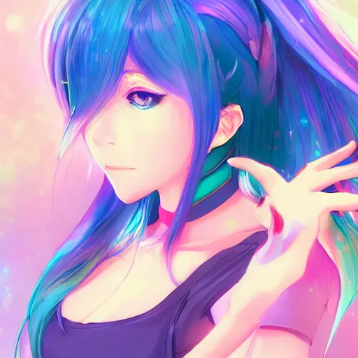 Image similar to digital anime art!!, gamer girl! bedroom sleeping on desk!!, rainbow eyes, rainbow hair, iterations = 5 0 0 0, wlop, rossdraws, artgerm, ross tran