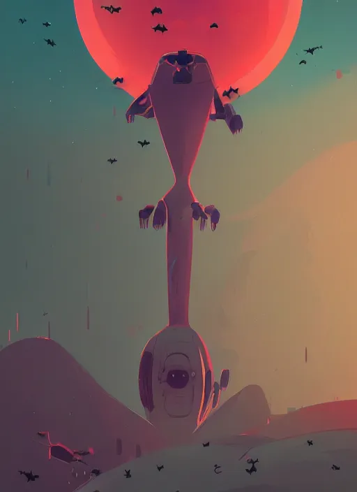 Prompt: drawing of an alien looking object with bats flying around it, concept art by james gilleard, artstation, cubo - futurism, 2 d game art, official art, concept art