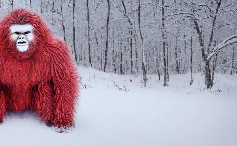 Image similar to hyperrealistic photograph of a yeti with glowing red eyes full body in snow covered woods