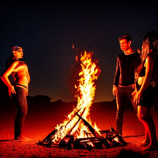 Prompt: atmospheric photograph of three fully clothed ravers, two men, one woman, photographed from behind, talking around a fire, photorealistic, dancefloor kismet, diverse costumes, clean composition, desert transition area, bonfire, night, australian desert, xf iq 4, symmetry, sony a 7 r, 1 5 0 mp, 5 0 mm