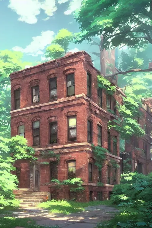 Image similar to (((((a ramshackle manhattan brick brownstone deep in the forest))))) by Makoto Shinkai!!!!!!!!!!!!!!!!!!!!!!!!!!!