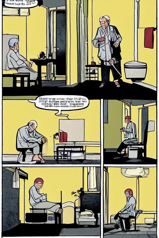 Image similar to An old man in his 80’s with a cane falls on the floor in a toilet, Diwani calligrapher using bamboo pen, cinematic lighting, rule of thirds, comic by Dave Gibbons