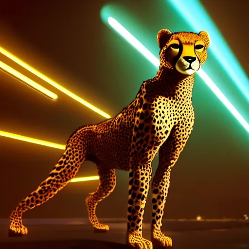 Prompt: a beautiful commission of a male anthropomorphic cheetah wearing a neon jacket,futuristic,detailed face,character design by charles bowater,mohawk,cyberpunk style,deviantart,artstation,art by greg rutkowski,ross tran,professional lighting,neon city,night,raytracing,rtx,highly realistic,4k,dramatic,hyperrealism