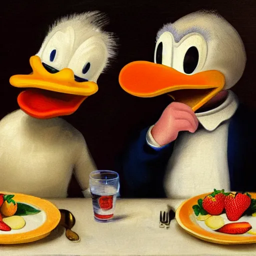 Prompt: donald trump and donald duck eating strawberries together, in the style of rembrandt