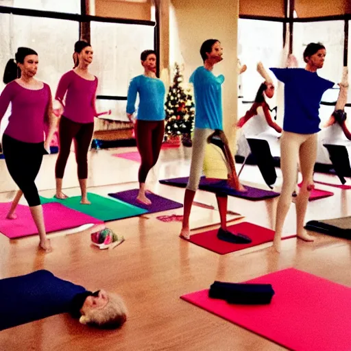 Image similar to Santa Claus teaching elves yoga in a gym room, photorealistic,