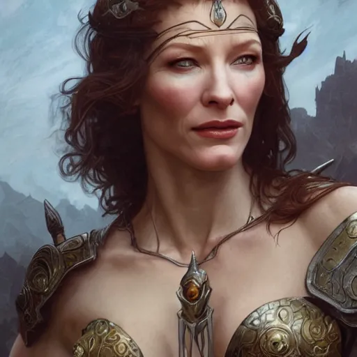 Prompt: cate blanchett as conan the barbarian, intricate, elegant, highly detailed, digital painting, artstation, concept art, smooth, sharp focus, illustration, art by artgerm and greg rutkowski and alphonse mucha and william - adolphe bouguereau