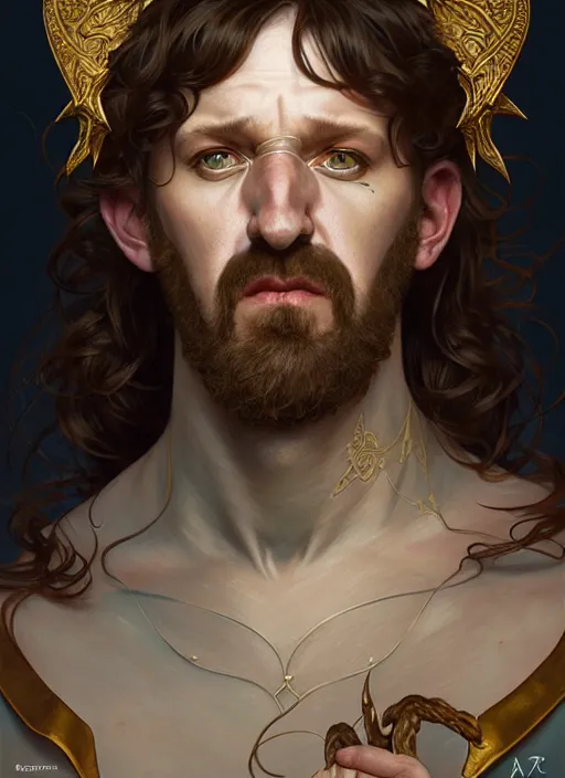 Image similar to portrait of alex horne as a satyr, d & d, fantasy, intricate, elegant, highly detailed, digital painting, artstation, concept art, smooth, sharp focus, illustration, art by artgerm and greg rutkowski and alphonse mucha