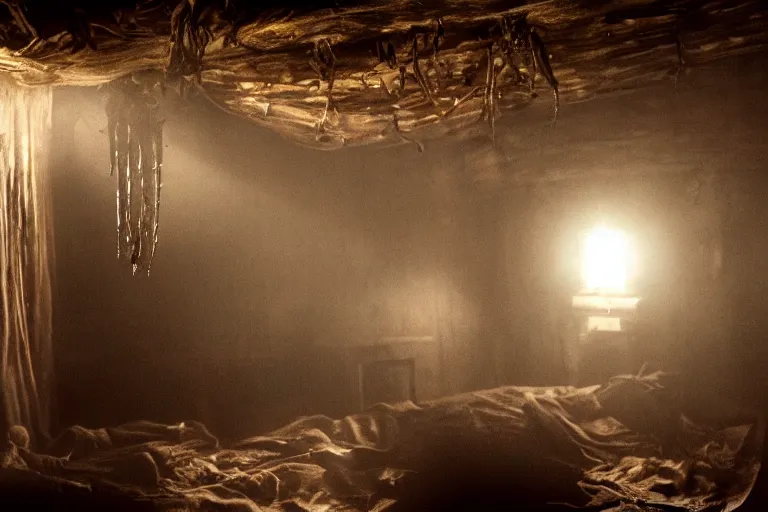 Prompt: film still of an oily monster abomination with carapace and antennae clinging to the ceiling of an old cabin's living room, horror movie, eerie, creepy, dark, amazing lighting, great cinematography, directed by scott derrickson