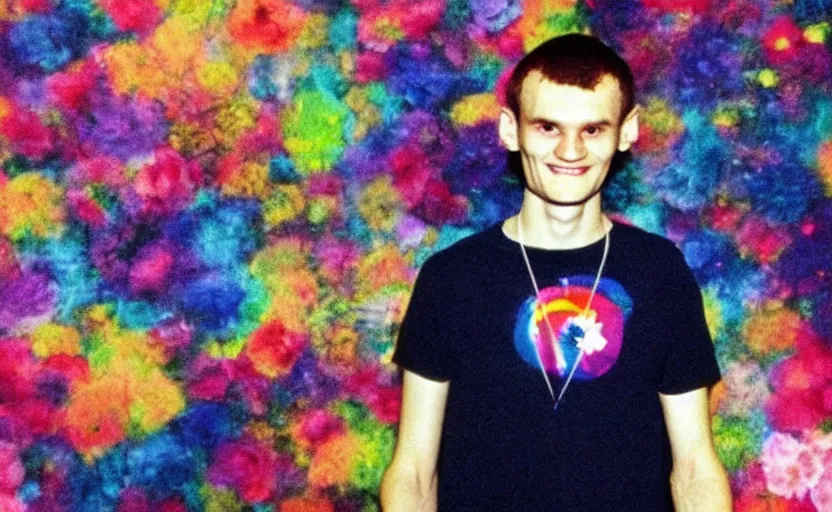 Prompt: a dreamy retro 8 0 s photo of vitalik buterin, bloomy, colorful, awesome