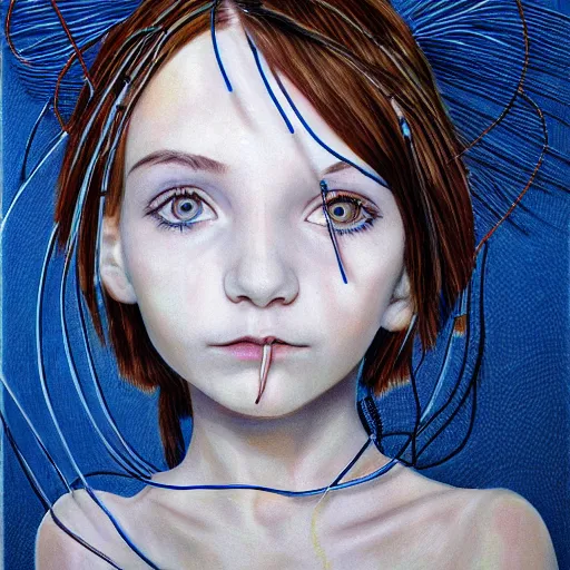 Prompt: beautiful pure evil lain with hundreds of wires coming out of her head, she is in pure bliss, portrait, painting