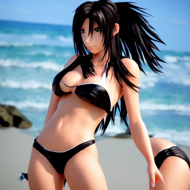 Image similar to tifa lockheart on a beach in an black bikini, realistic, model shot, anime style, anime eyes, dslr photo