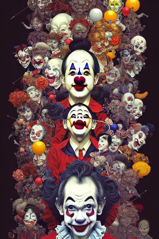 Prompt: my teacher as clown - composition : dynamic lighting, depth details, intricate, asymmetric, proportion, highly quality, balance, unity, extremely highly detailed. art by : bambang nurdianshyah, garis edelweiss, roby dwi antono and ayami kojima, takato yamamoto, barclay shaw, karol bak, yukito kishiro, norman rockwell